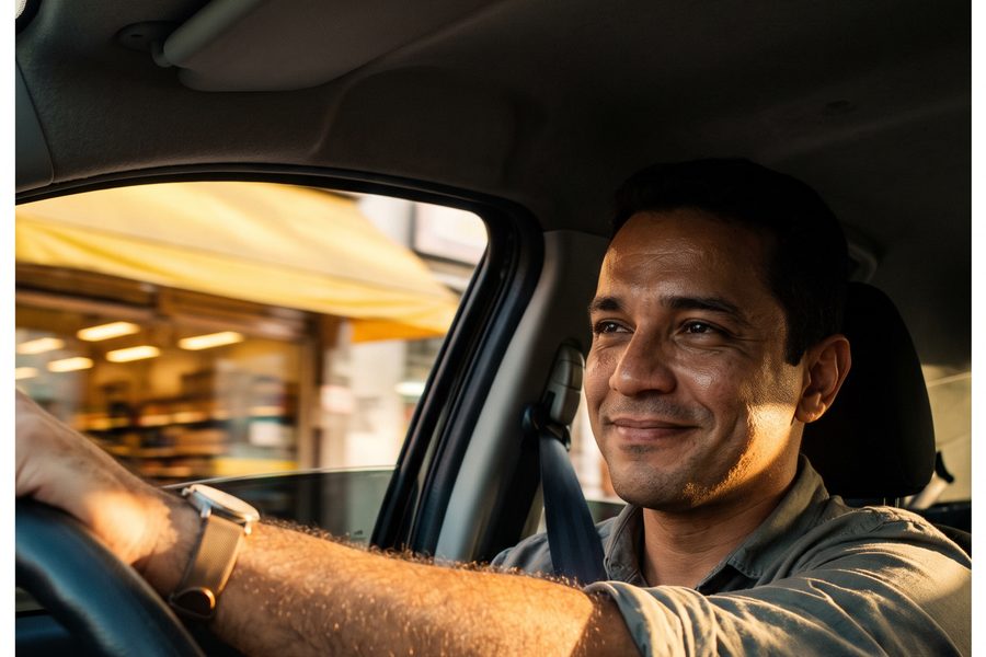 Motorista da iGO Mobilidade sorrindo ao volante no fim da tarde